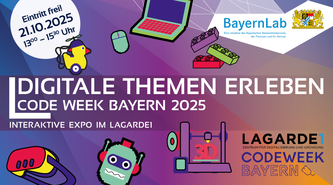 Veranstaltungsgraphik zur Code Week Bayern 2025 Veranstaltungsgraphik zur Code Week Bayern 2025 - BayernLab Forchheim on Tour. Bunter Hintergrund mit verschiedenen bunten Aufklebern im Codeweek Design, sehr einfach und bunt. Zu sehen ist ein Laptop mit Maus, eine Roboter Ente, ein Hüpfer-Roboter, Lego Steine, ein 3D-Drucker, eine VR-Brille und ein Roboterkopf. In einem Kreis steht der Text